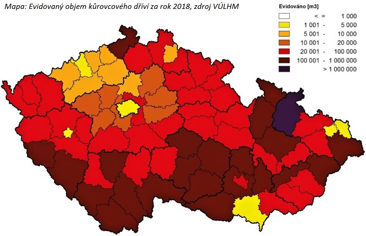 Evidovaný objem kůrovcového dříví 2018. Zdroj: VÚLHM