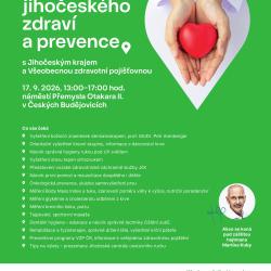 Jihočeský kraj a Všeobecná zdravotní pojišťovna ČR zvou ve čtvrtek 17. září 2026 od 13 do 17 hodin na Den jihočeského zdraví a prevence na náměstí Přemysla Otakara II. v Českých Budějovicích.